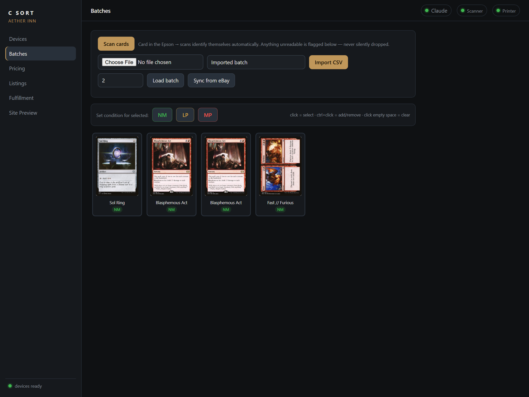 C Sort Batches tab: a scanned batch of real cards with conditions tagged NM