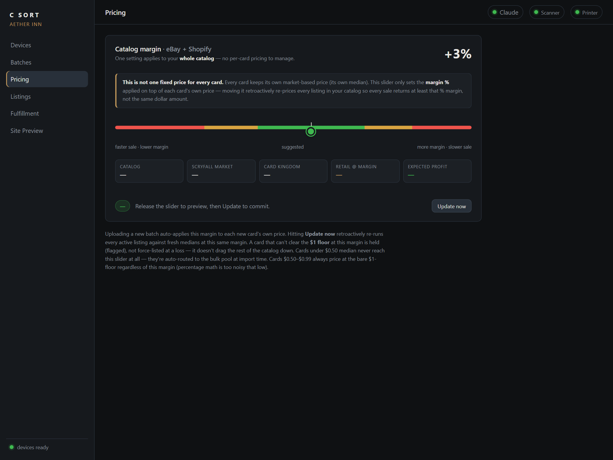C Sort Pricing tab: one catalog-wide margin slider with market-source readouts